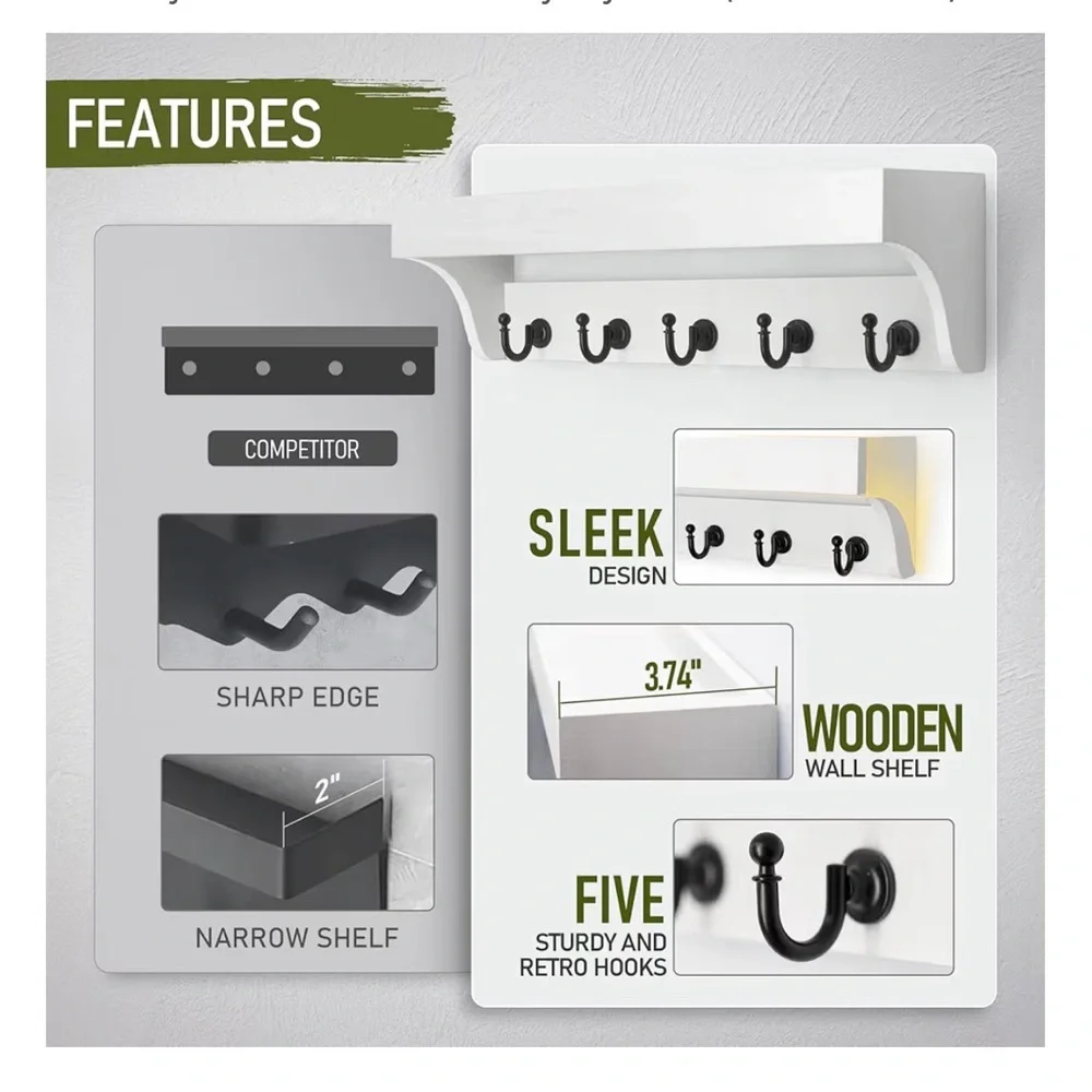 Key and Mail Holder for Wall with Floating Shelf : Decorative Hanging Organizer - Picture 6 of 10
